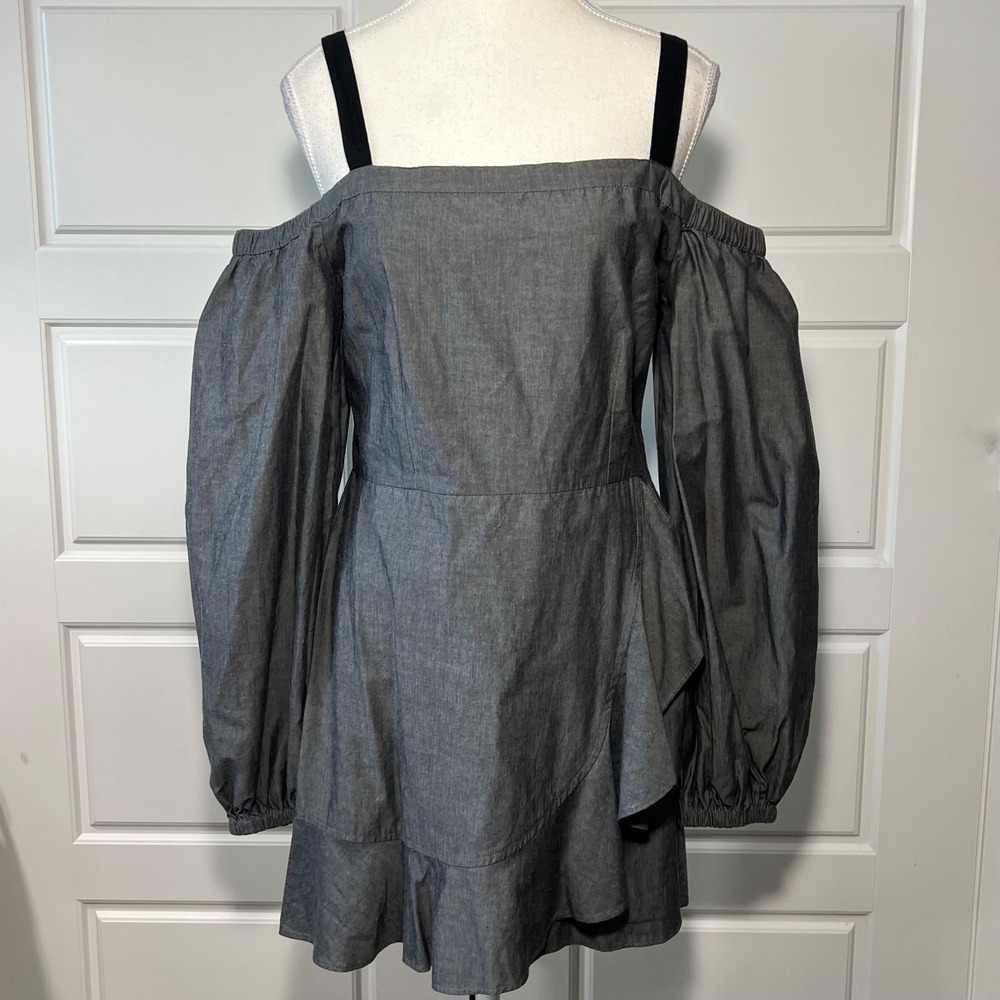 LOVERS + FRIENDS‎ Gray Denim Cold Shoulder Ruffle Wrap Dress Size M
